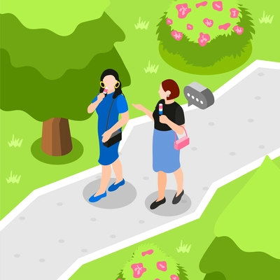 Female friends isometric and colored composition friends walking in the park chatting and eating ice cream vector illustration