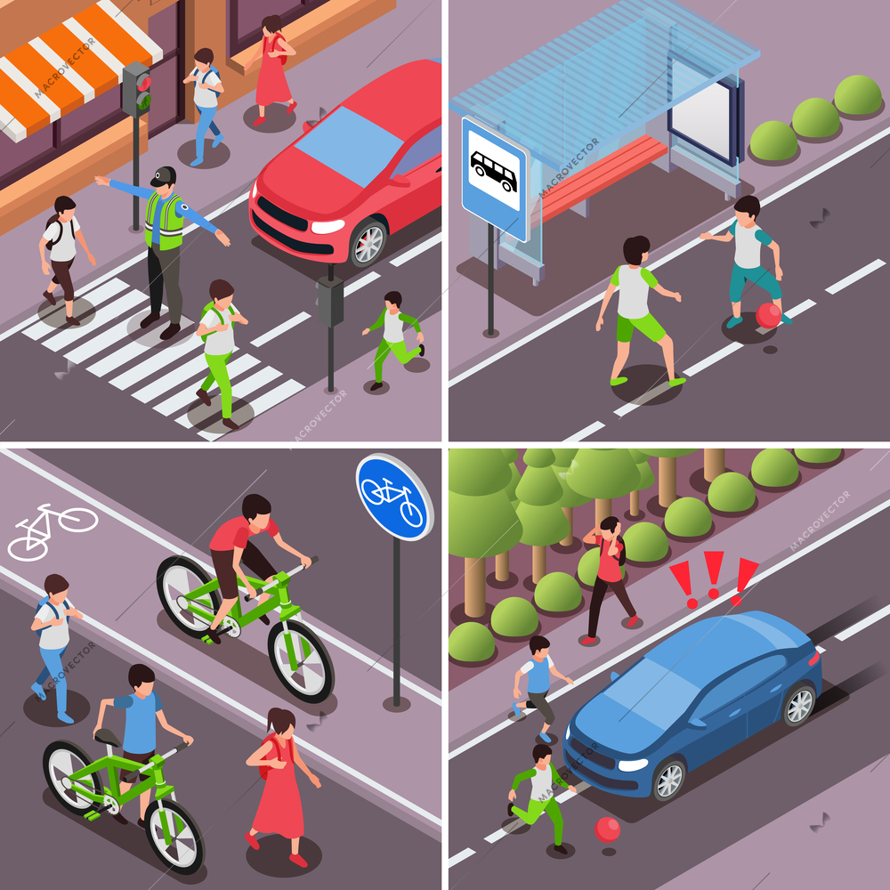 Children road safety rules isometric 2x2 set with isolated outdoor views of people crossing streets  roads vector illustration