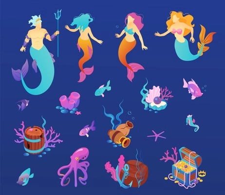 Isometric underwater world color set with isolated icons of mythical creatures with corals treasures and fishes vector illustration
