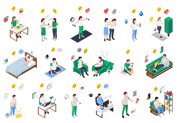 Mental health wellness set with isolated icons of people practicing various methods of getting mind states vector illustration