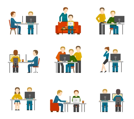 Coworking center icons set with freelancer designer colleagues creative group working isolated vector illustration