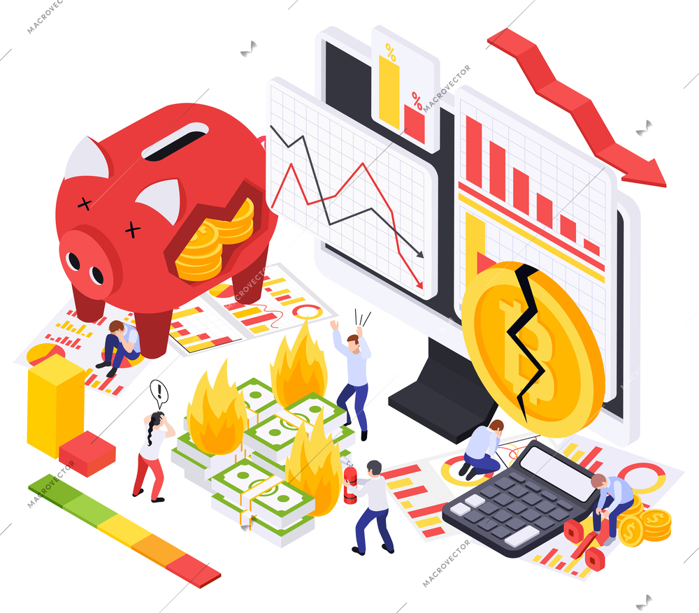 Financial crisis inflation isometric composition with burning money bar charts broken coin computer and distressed accountants vector illustration