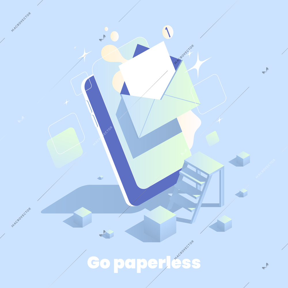 Go paperless concept with electronic documents on smartphone 3d isometric vector illustration