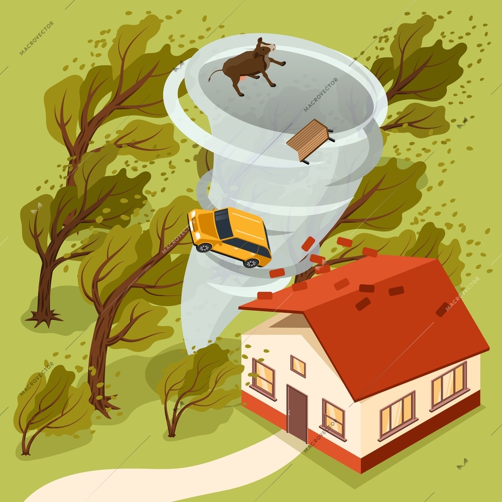 Natural disaster landscape with strong wind and tornado hitting countryside damaging house twisting car cow bench 3d isometric vector illustration