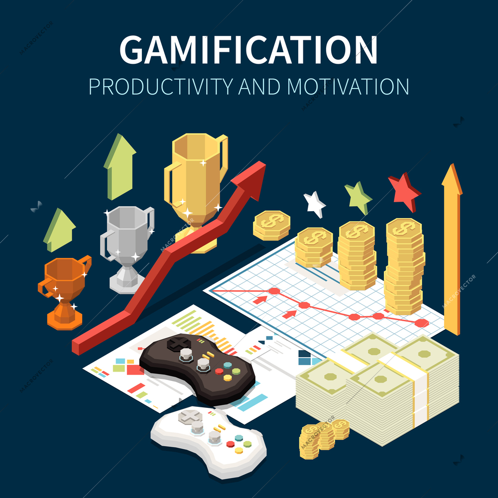 Isometric concept of business gamification productivity and motivation with 3d game and money symbols vector illustration