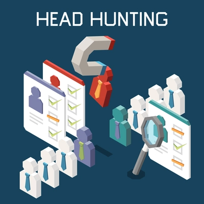 Headhunting recruitment candidate selection process isometric concept with 3d elements on dark background vector illustration