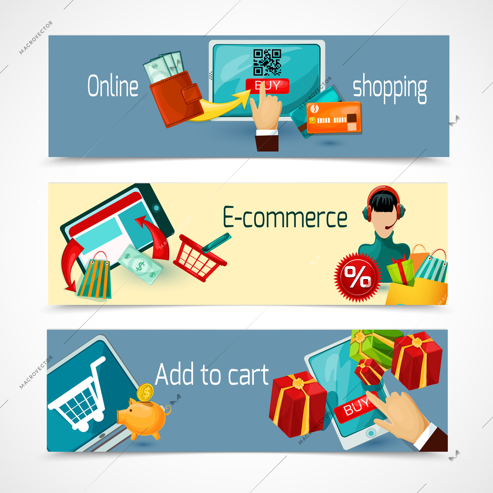 E-commerce horizontal banner set with online shopping elements isolated vector illustration