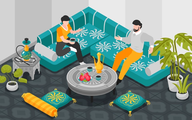 Middle eastern style interior background with hookah and sofa isometric vector illustration