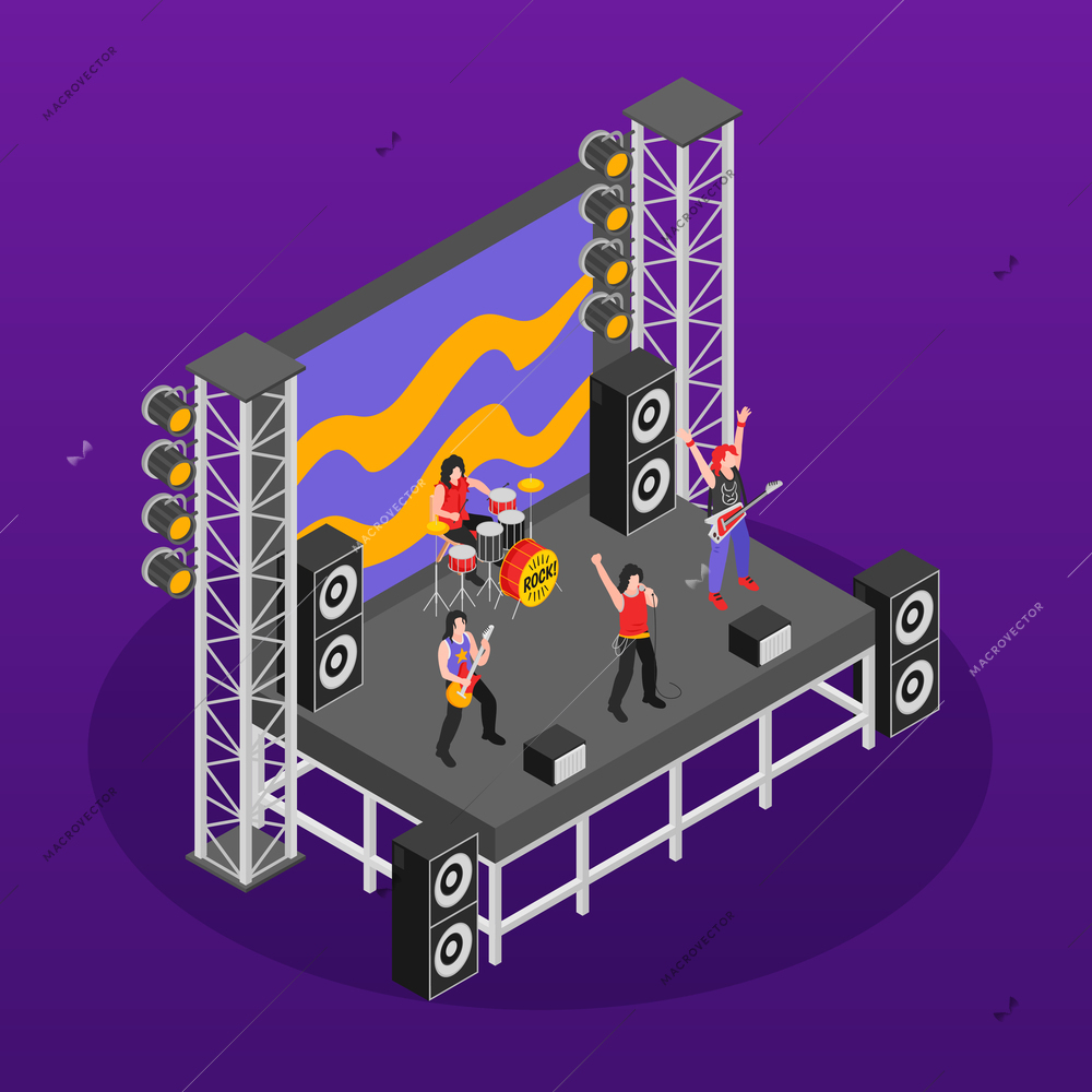 Rock star concept with metal concert symbols isometric vector illustration