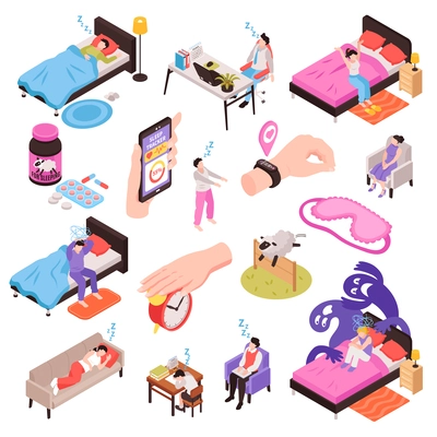 Healthy sleep set with bedtime symbols isometric isolated vector illustration