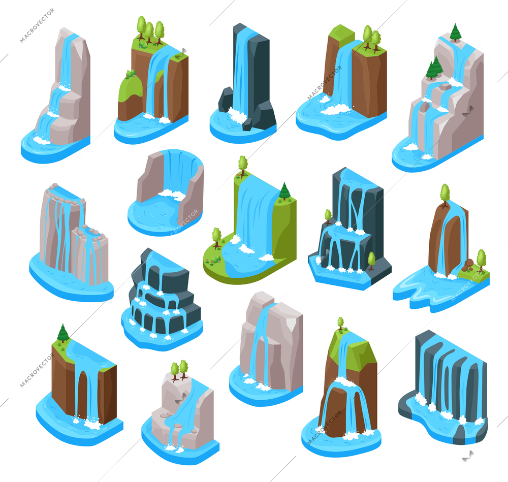 Waterfall set with national park scenery symbols isometric isolated vector illustration