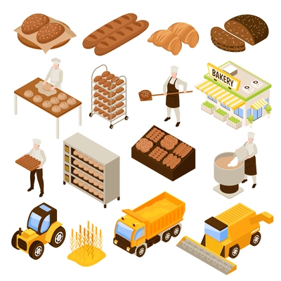 Bread production set with agricultural symbols isometric isolated vector illustration