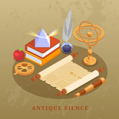 Ancient science concept with geography symbols isometric vector illustration