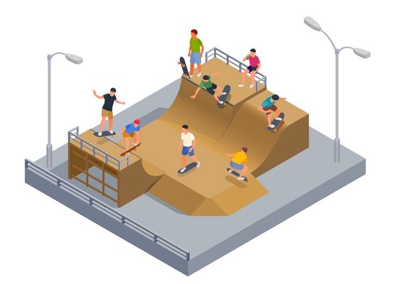 Skate park composition with extreme sport symbols isometric vector illustration