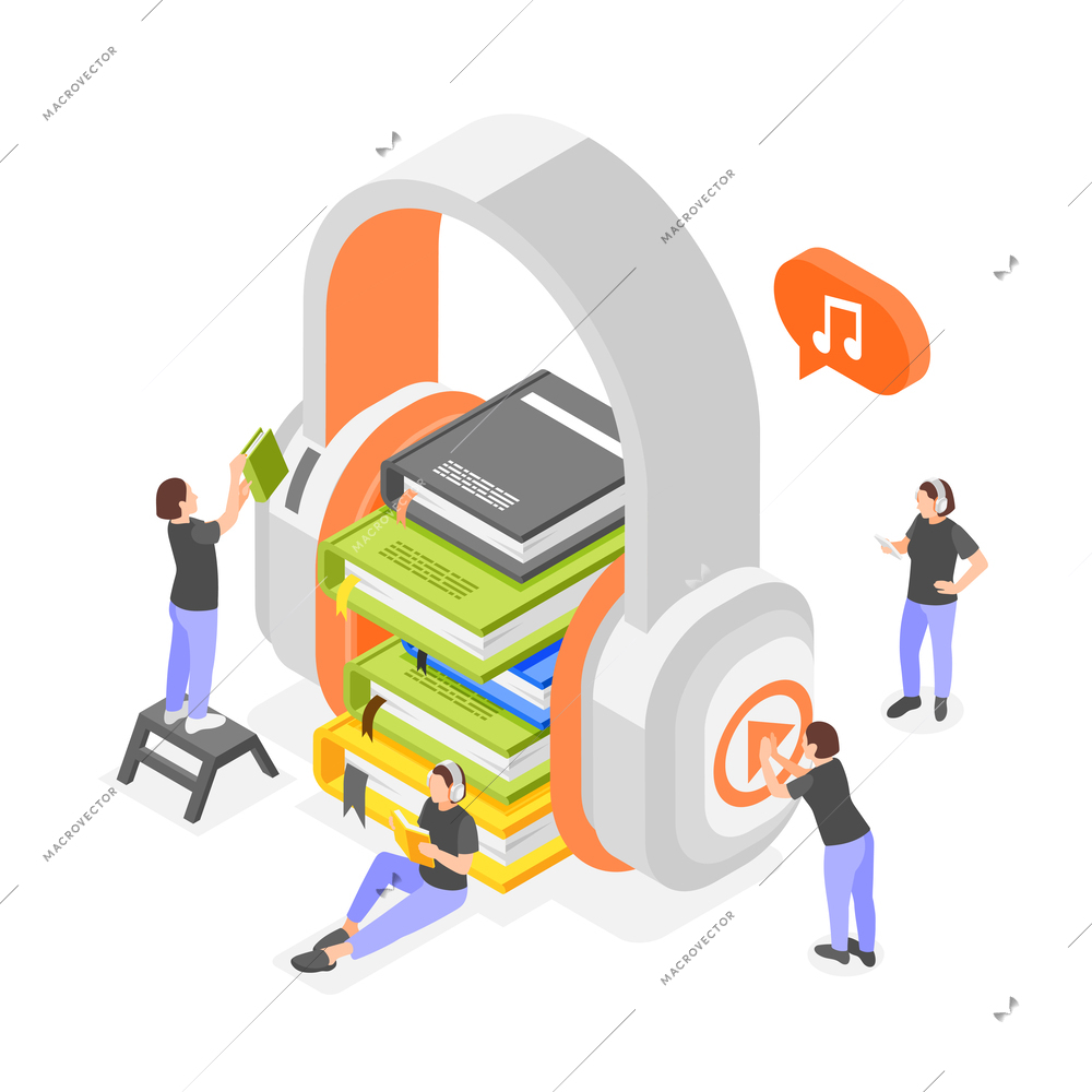 Audio book isometric composition with image of big headphones and stack of books with human characters vector illustration
