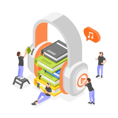 Audio book isometric composition with image of big headphones and stack of books with human characters vector illustration