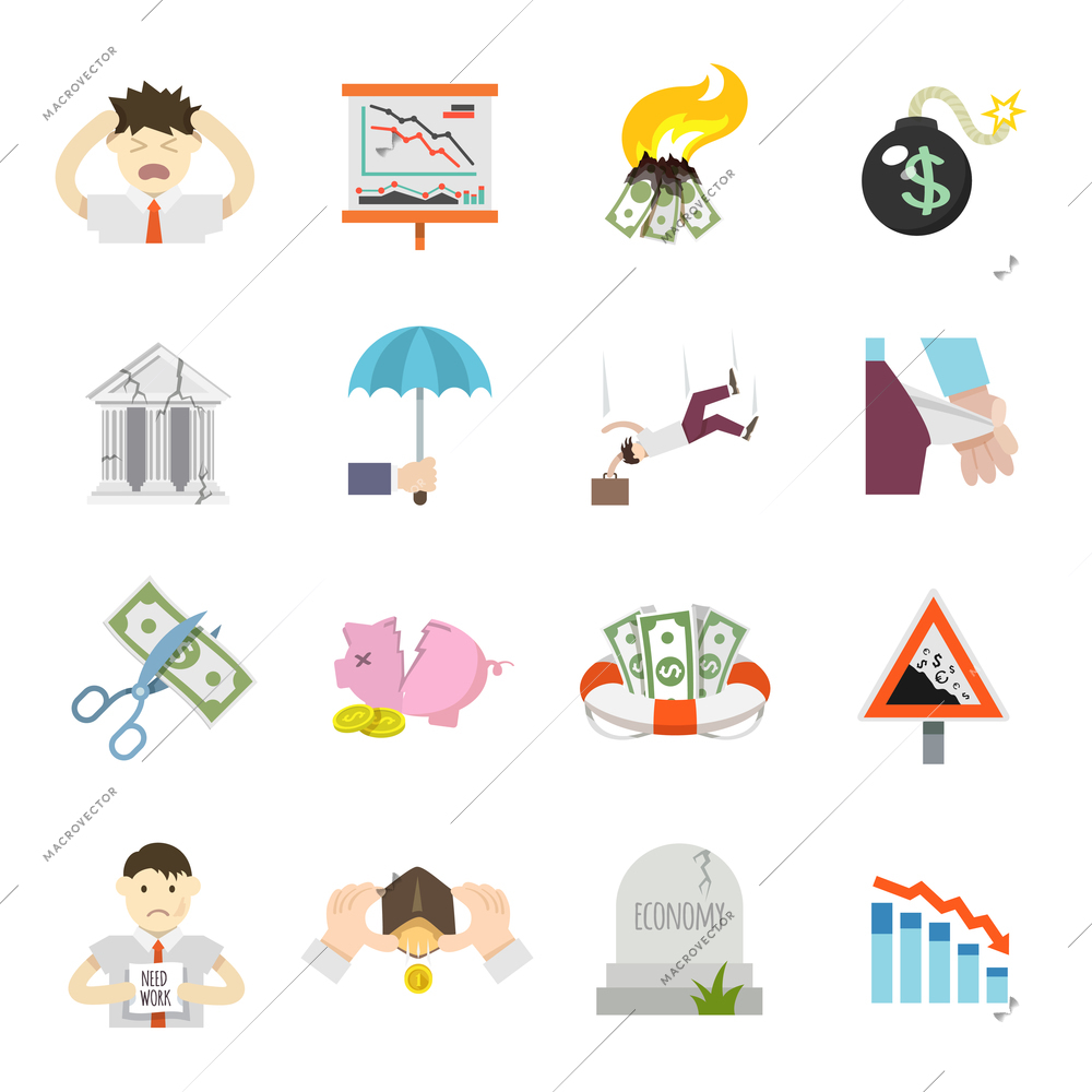 Economic crisis finance depression invest recession flat icons set isolated vector illustration