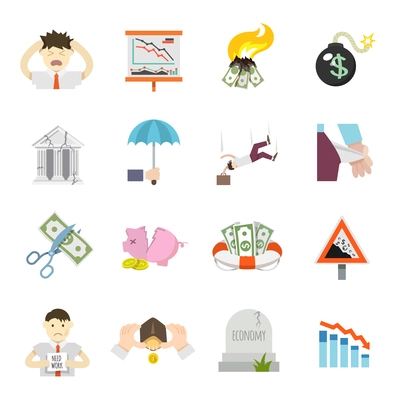 Economic crisis finance depression invest recession flat icons set isolated vector illustration