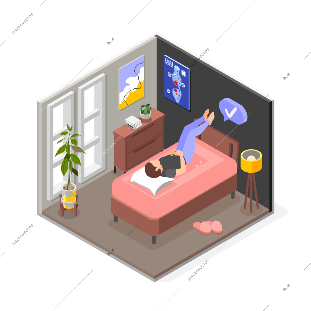 Varicose isometric composition with isolated view of indoor interior with woman performing exercises raising her legs vector illustration