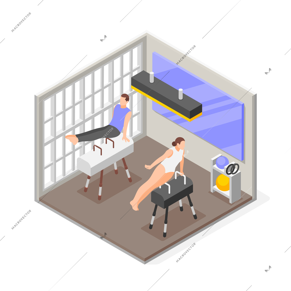 Gymnastics isometric composition with indoor scenery of gym room with man and woman using gymnastic apparatus vector illustration
