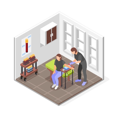 Gluten intolerance isometric composition with isolated view of treatment room with patient doctor and test tubes vector illustration