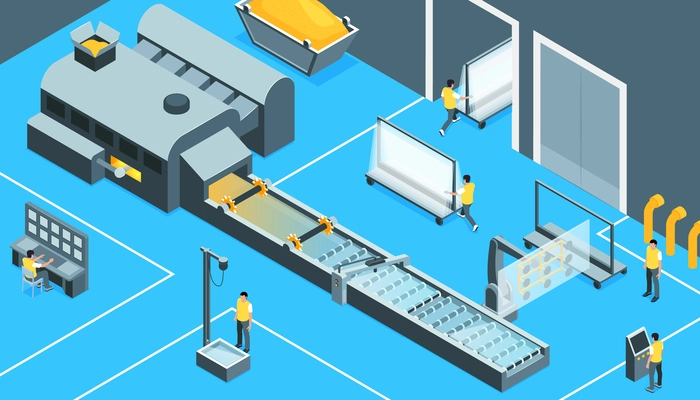 Glass production isometric  background illustrated factory floor with control panel and conveyor vector illustration