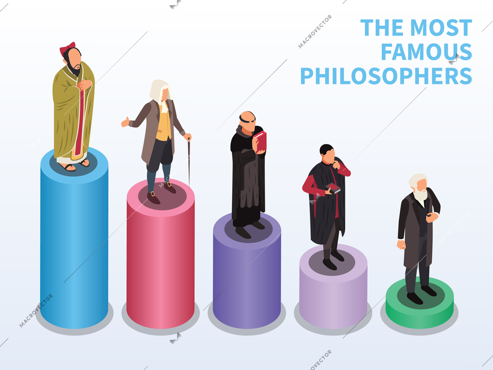 Famous philosophers isometric composition with set of pedestals of different height with characters of vintage scientists vector illustration