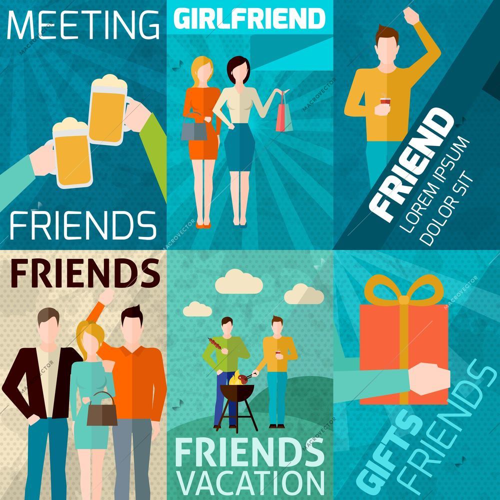 Friends relationships mini poster set with meeting vacations gifts isolated vector illustration