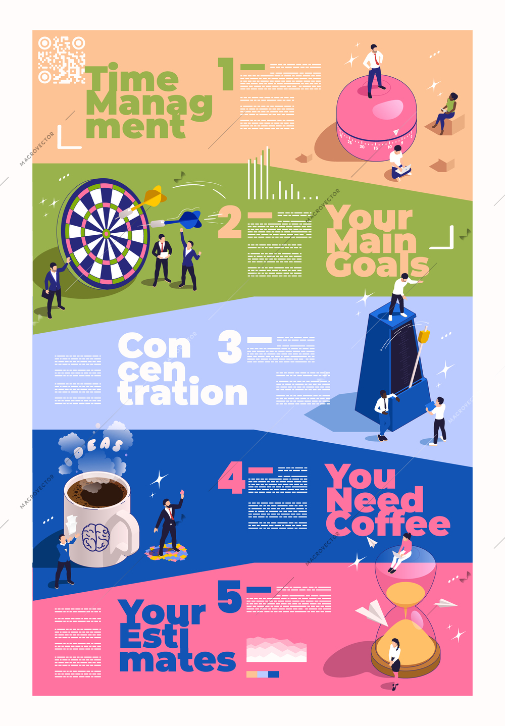 Productivity improvement boosting isometric infographics with tips for time management concentration on goals coffee and estimates vector illustration