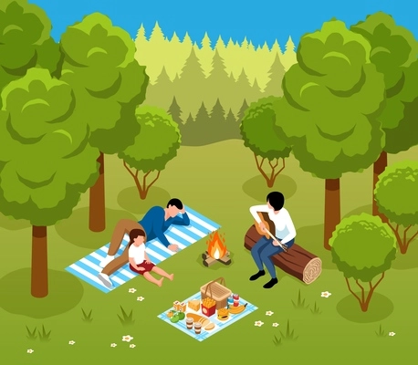 Isometric barbecue concept with people near forest bonfire vecto4r illustration