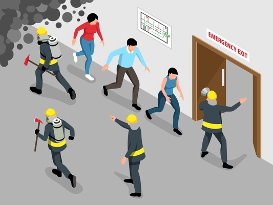 Isometric evacuation alarm concept with fire fighters vector illustration