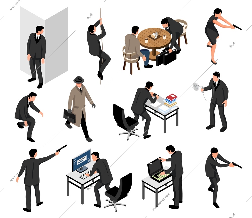 Isometric spy icons set with secret agents and espionage characters isolated vector illustration