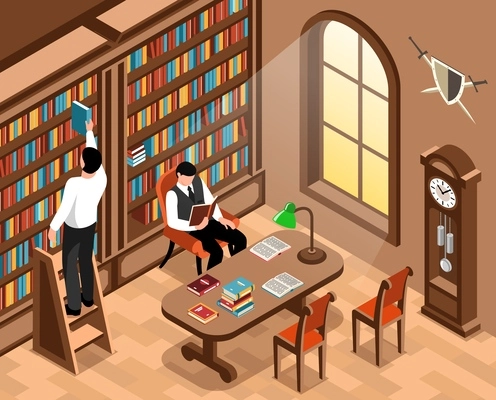 Isometric library interior with man taking book from boorshelf vector illustration