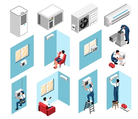 Isometric air conditioning icons set with cooling technic installation isolated vector illustration