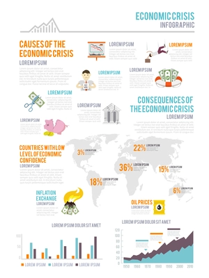 Economic crisis infographic elements set with charts and finance collapse symbols vector illustration