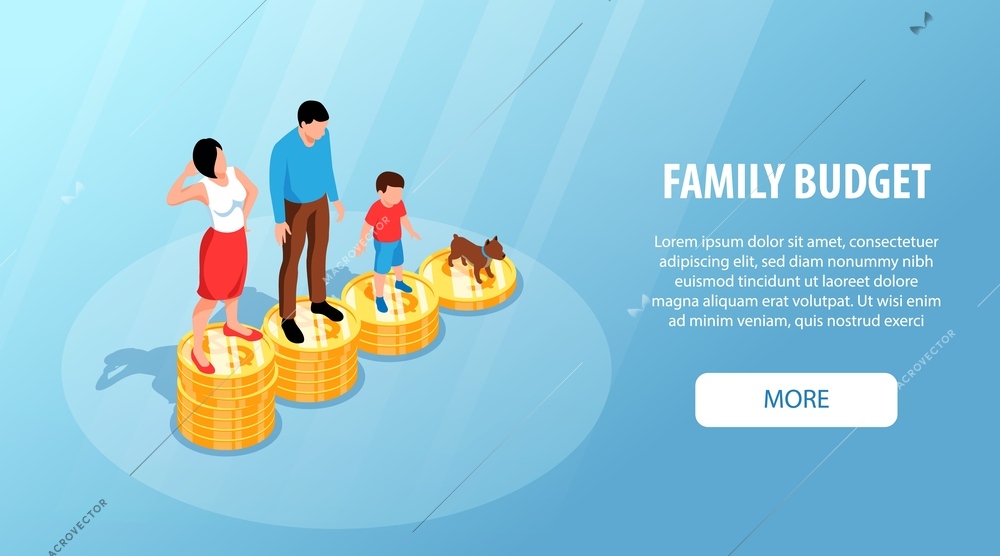 Isometric family budget composition with people standing on coin stacks vector illustration