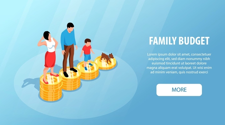 Isometric family budget composition with people standing on coin stacks vector illustration