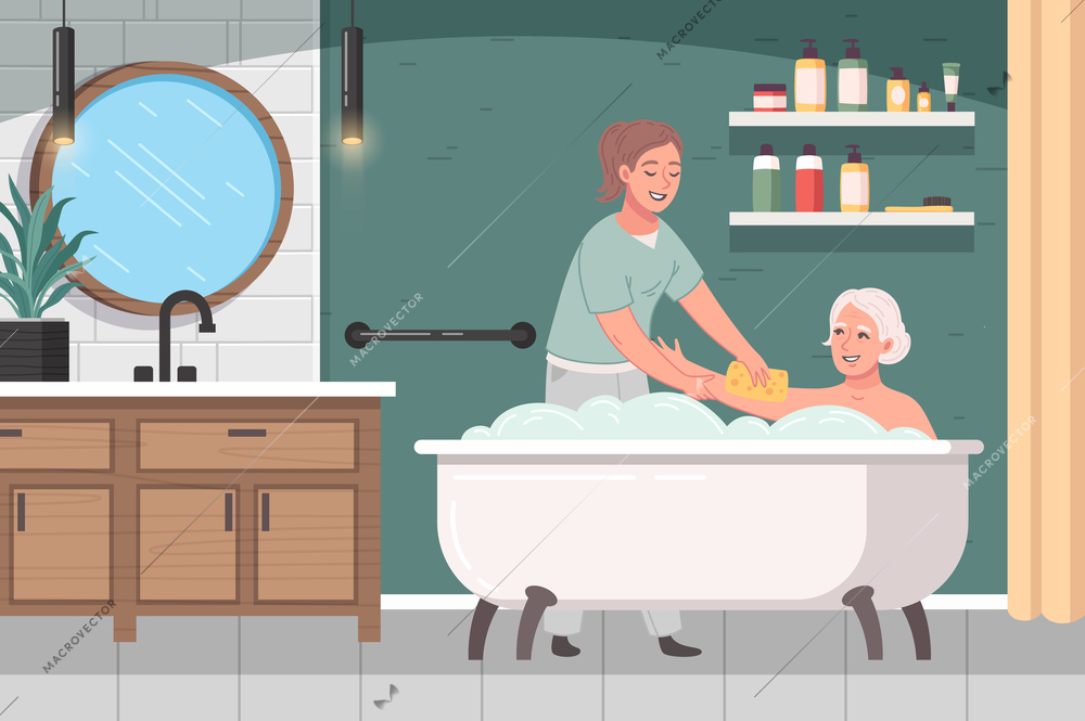 Elderly care cartoon poster with nurse helping old woman in bath vector illusration
