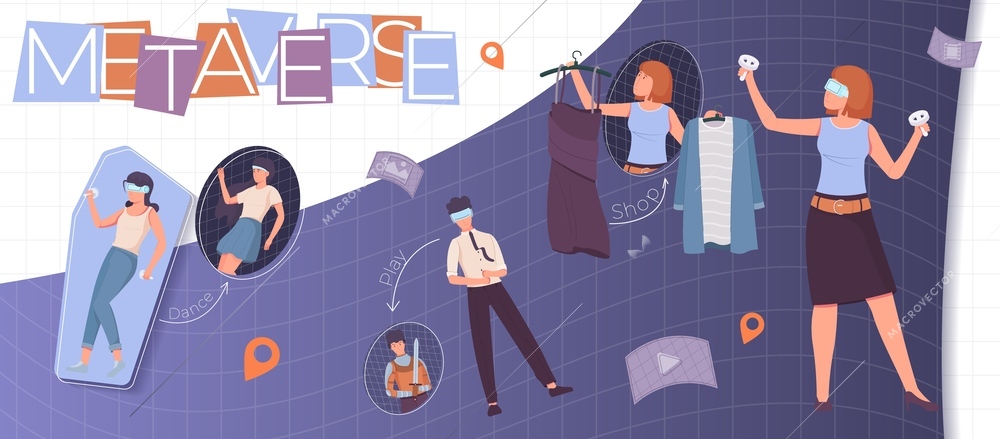 Metaverse flat collage with people dancing shopping and playing in virtual reality vector illustration