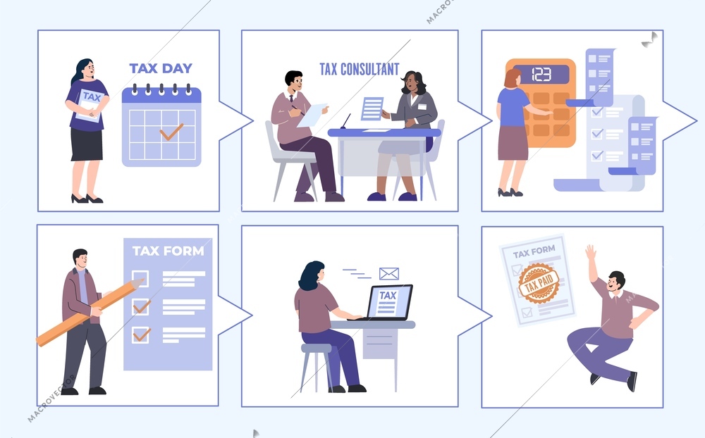 Tax people flat infographics with square conceptual compositions of human characters paying taxes at different stages vector illustration