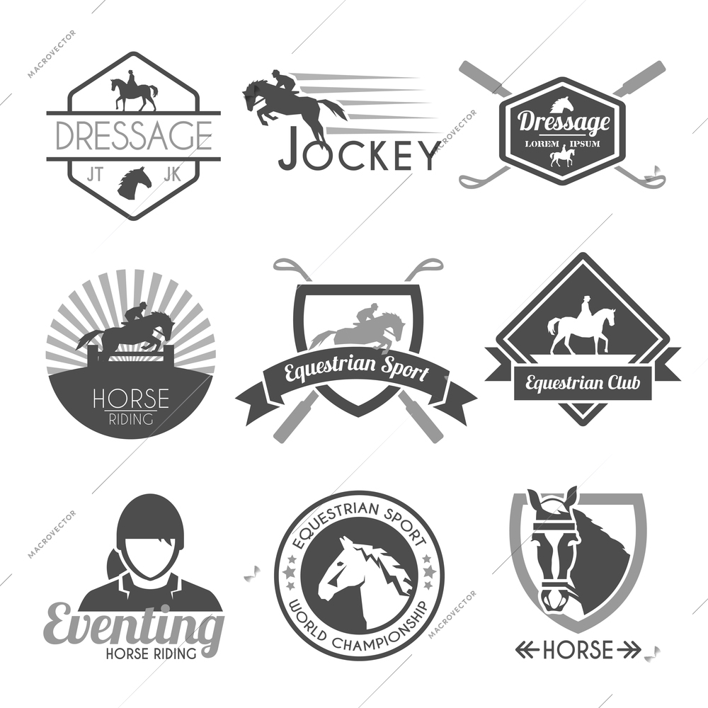 Jockey label dressage sport club emblems black set isolated vector illustration