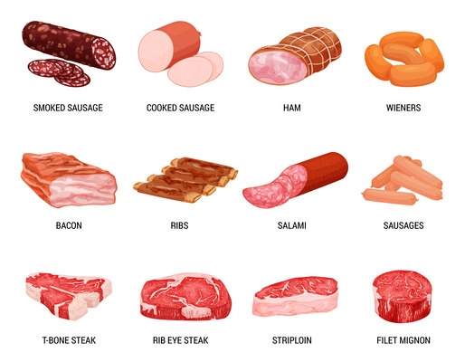 Meat products flat set with isolated images of sausages ham and bacon with editable text captions vector illustration