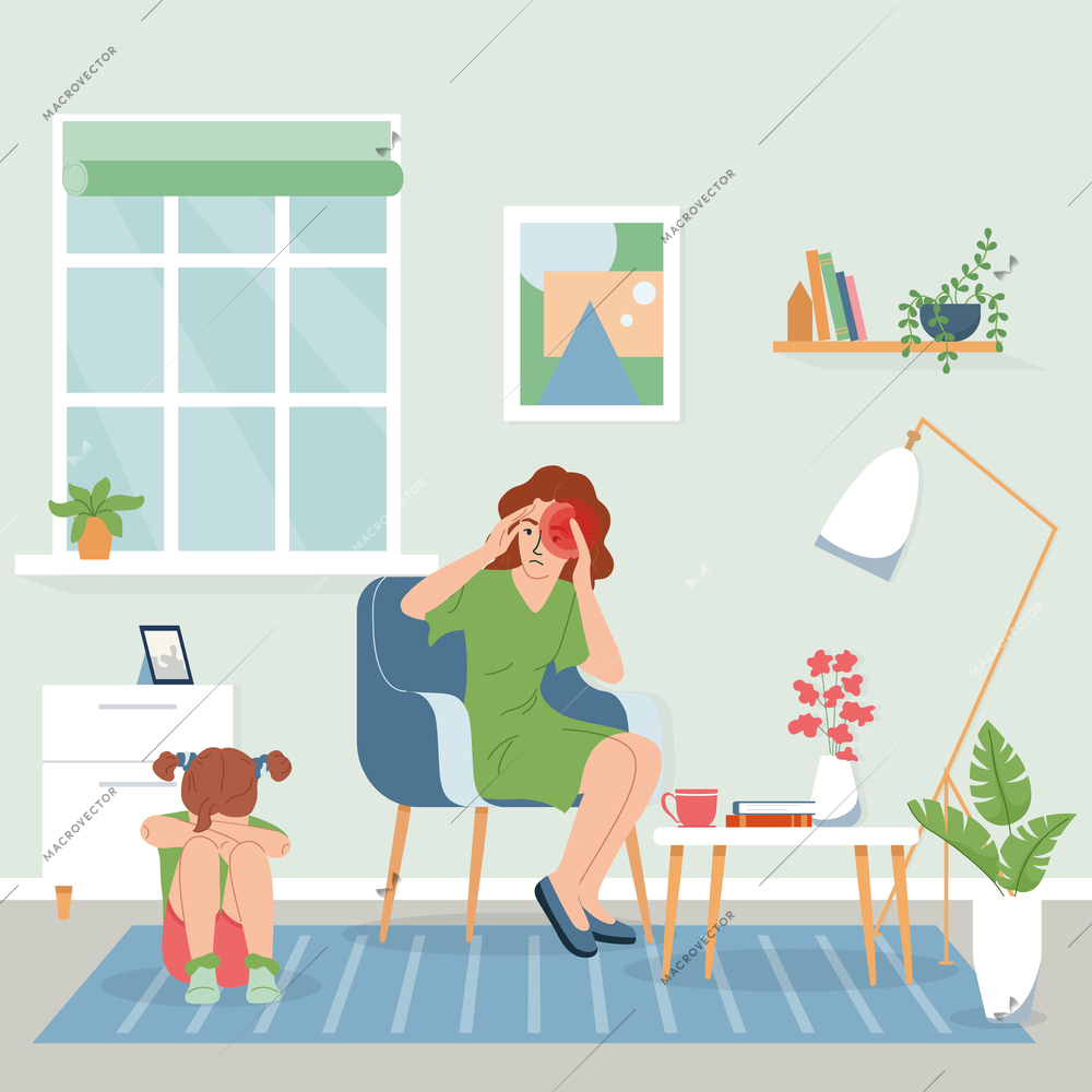 Physical pain and injury flat square composition with living room crying infant and mother got headache vector illustration