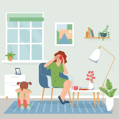 Physical pain and injury flat square composition with living room crying infant and mother got headache vector illustration