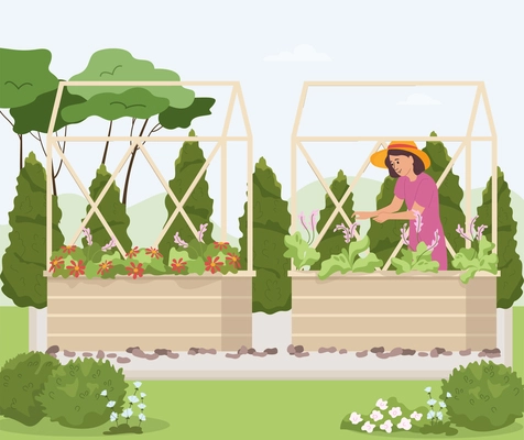 Home gardening flat composition with outdoor landscape and woman in hat working with garden flower beds vector illustration