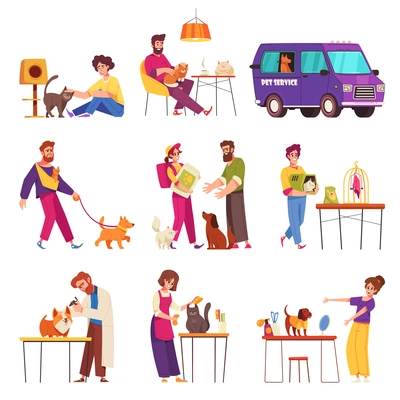 Pet service cartoon icons set with people taking care of cats and dogs isolated vector illustration