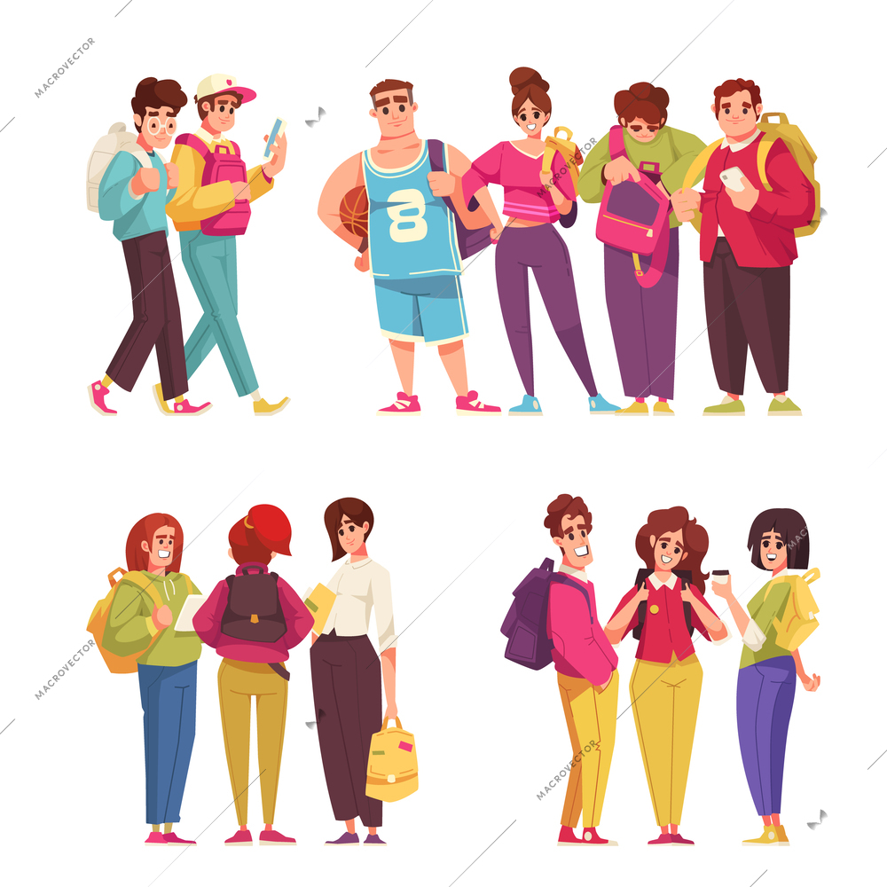 Students holding backpacks cartoon compositions set isolated vector illustration