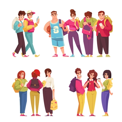 Students holding backpacks cartoon compositions set isolated vector illustration