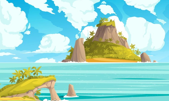 Tropical island landscape cartoon poster with colorful sea and beautiful clouds vector illustration
