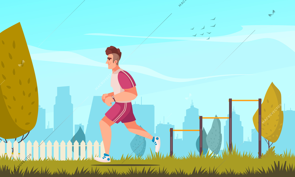 Workout cartoon composition with young man running outdoors vector illustration